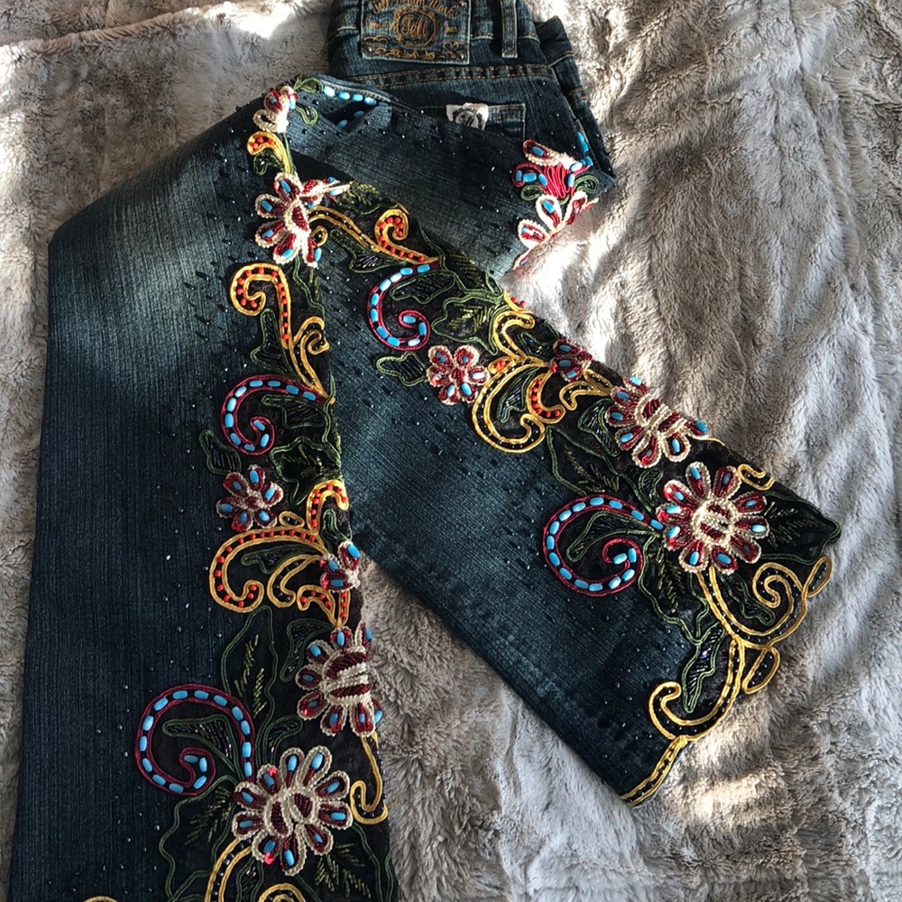 Tell Denim unique rare beaded flare jeans